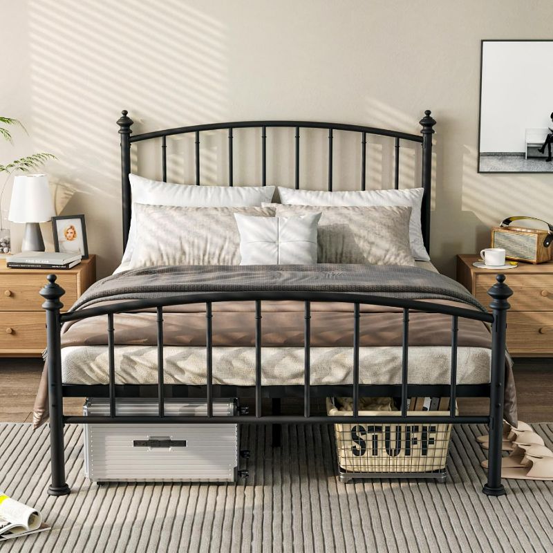 Photo 1 of Queen Size Metal Platform Bed Frame, Victorian Wrought Iron-Art Design, Classic Black, Mattress Foundation with Headboard & Footboard, Under Bed Storage, No Box Spring Needed, Black