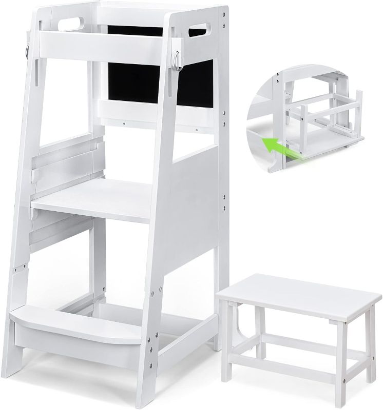 Photo 1 of **Minor Crack on One of the Woods** TOETOL Bamboo Toddler Step Stool White Kitchen Counter Learning Helper Standing Tower Ktchen Stool for Toddler 3 Height Adjustable with Chalkboard Message Boards, Small Step Stool, Non-Slip Mat