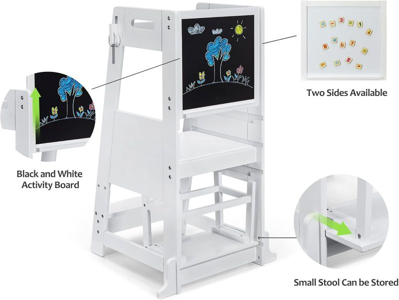 Photo 2 of **Minor Crack on One of the Woods** TOETOL Bamboo Toddler Step Stool White Kitchen Counter Learning Helper Standing Tower Ktchen Stool for Toddler 3 Height Adjustable with Chalkboard Message Boards, Small Step Stool, Non-Slip Mat