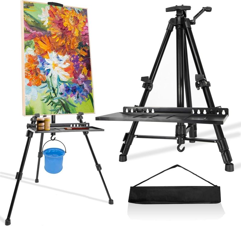 Photo 1 of PUJIANG 20"-61" Easel Stand for Painting, Art Easel, Aluminum Metal Easel with Carrying Bag Tray Bucket, Adjustable Height Painting Easel for Adults Kids(Black)