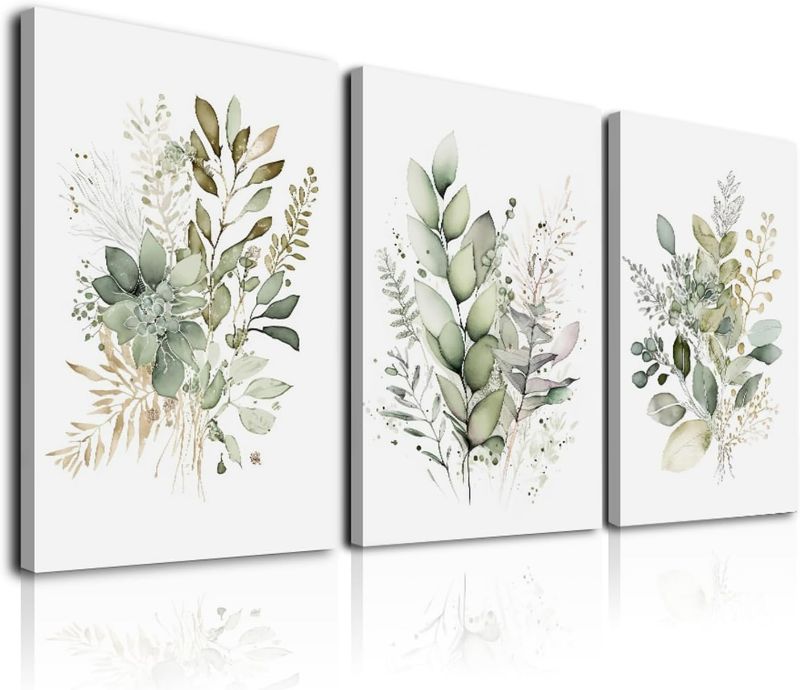 Photo 1 of Framed Bathroom Wall Art Set of 3 for Rustic Botanical Prints,Watercolor Botanical Wall Art,Sage Green Painting Eucalyptus Leaf Art Pictures,Modern Boho Floral Wall Decor for Room Living Room Bedroom Decorations,12x16inch 