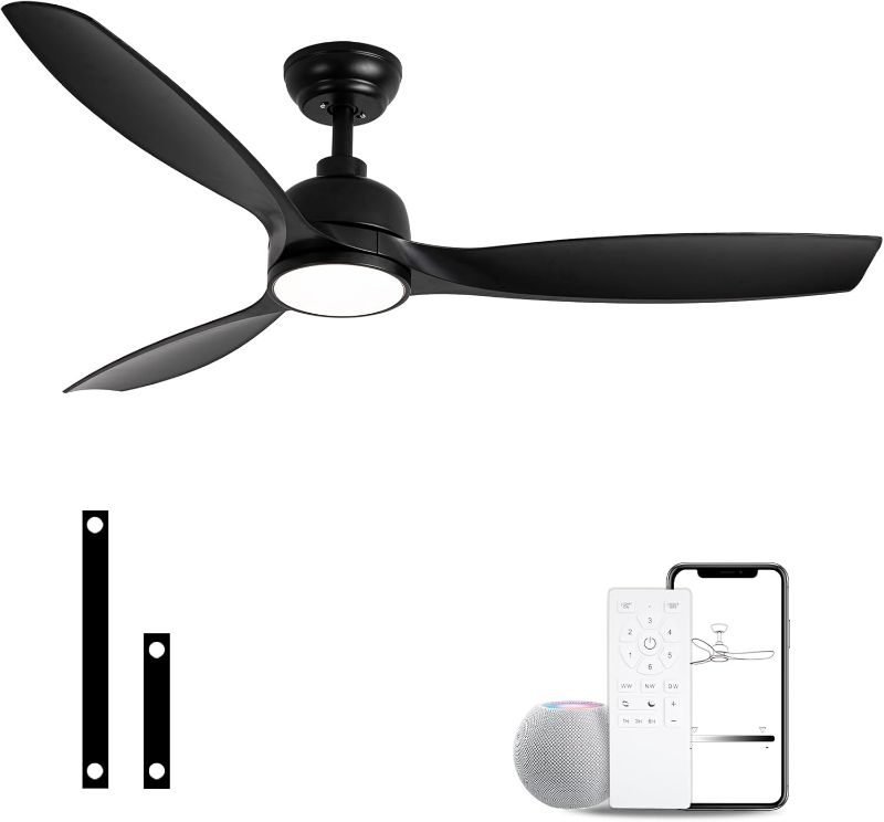 Photo 1 of 52 Inch Ceiling Fan with Lights, Black Modern Ceiling Fan with Remote/APP Control Dimmable 3-color Temperature,2 Rods, Low Profile Ceiling Fan Light for Indoor/Outdoor