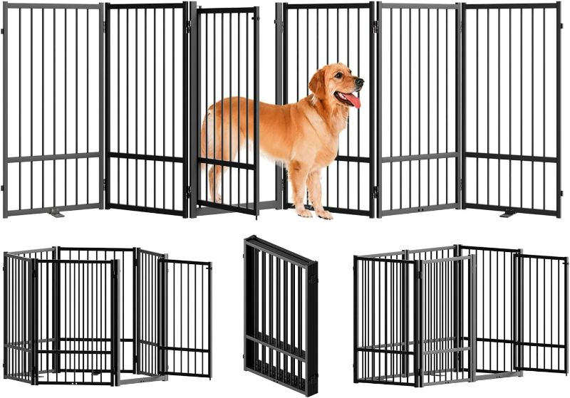 Photo 1 of Full Metal Freestanding Dog Gate with Door, 32''Height Foldable Pet Dog Fence for Indoor & Outdoor, 6 Panels Extra Wide Free Standing Tall Dog Gates for Doorways,House,Stairs,Porch,Deck,Yard