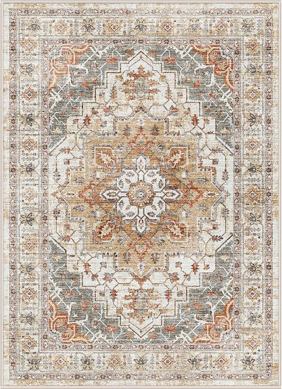 Photo 1 of Washable Rug 8x10 Area Rugs for Living Room - Stain Resistant Non-Slip Backing Rugs for Bedroom,Ultra-Thin Vintage Large Area Rug (Turmeric/Grey,8'x10')