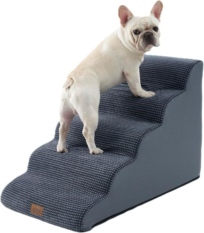 Photo 1 of Dog Stairs for High Bed 22.6" H, Small Pet Steps with Leakproof Cover, High Density Foam Cat Ramp for Bed, Car or Couch, Lightweight, Durable, Comfort, 15.7x33x22.6 inch, 5 Tiers, Dark Grey