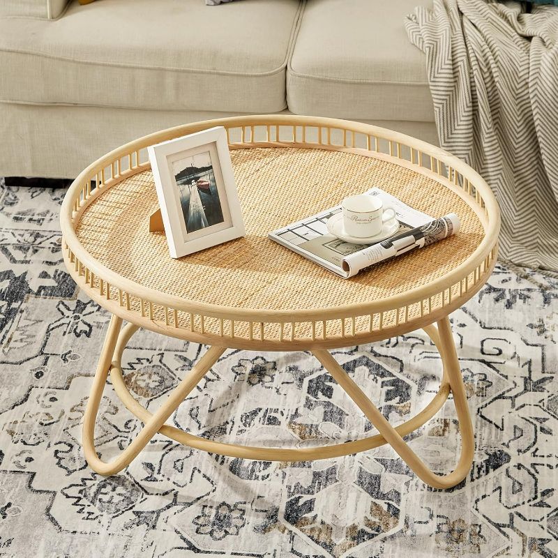 Photo 1 of FINECASA Round Rattan Coffee Table, 32'' Wicker Boho Hand-Woven Top, Modern Unique Farmhouse Tray Top Center Table for Living Room Apartment Small Space, Natural Rattan