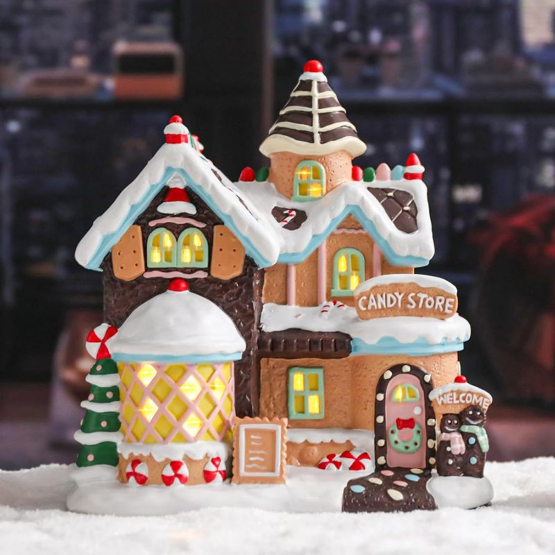 Photo 1 of VCUTEKA Christmas Village House Lighted Indoor Decorations Candy Store with LED Light Christmas Village Collectible Buildings Figurines Ceramic House Light up Figurine for Holiday Xmas Decor