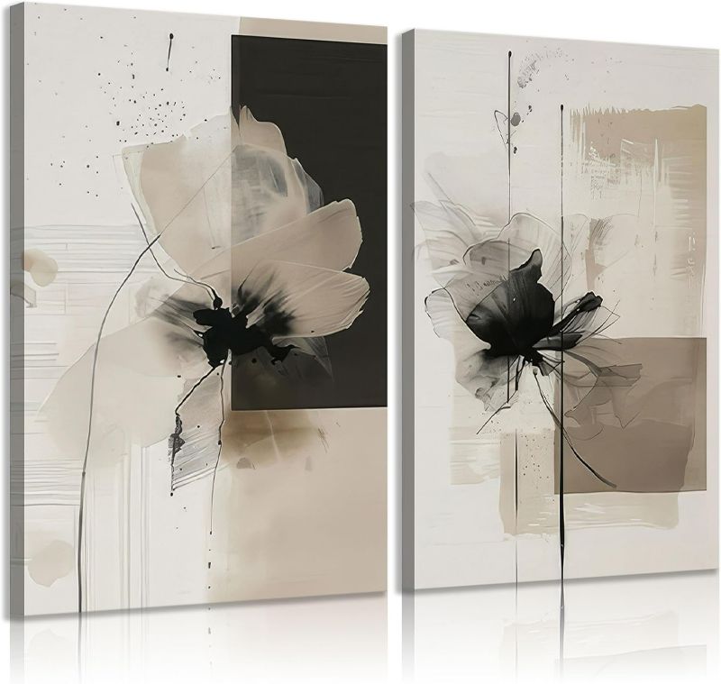 Photo 1 of 2Pcs Framed Neutral Abstract Canvas Wall Art Floral Pictures Modern Minimalist Posters Prints Beige Black Flower Wall Decoration for Living Room Bedroom Bathroom Office 16x24in