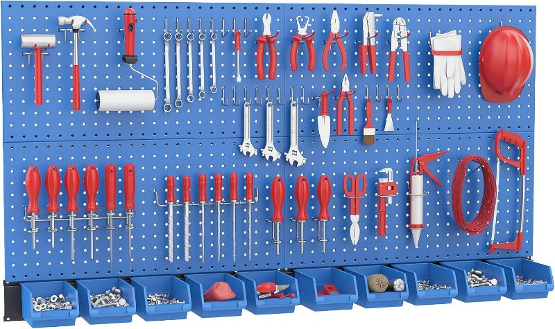 Photo 1 of Ultrawall Pegboard Wall Organizer, Blue Metal Peg Board Panels, Garage Storage System with Hooks and Storage Bins, 59pcs