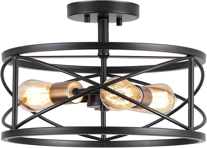 Photo 1 of 3-Light Semi Flush Mount Ceiling Light, 14-inch Industrial Modern Farmhouse Lighting Fixture with Metal Cage, Oil Rubbed Bronze Finish Ceiling Lamp for Kitchen Hallway Bedroom Living Room