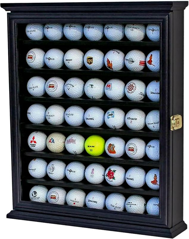 Photo 1 of DisplayGifts 49 Golf Ball Display Case Cabinet Wall Rack Holder Solid Wood Frame with 98% UV Protection Lockable Real Glass Door, Great Golfer's Gift