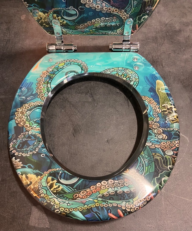 Photo 5 of **Minor Crack on Lid**Colored Toilet Seat with Slow Close, Teal Blue Ocean Octopus Coral Reefs Resin Toilet Seats, Easy to Install, Easy to Clean Heavy Duty Deluxe Toilet Seat