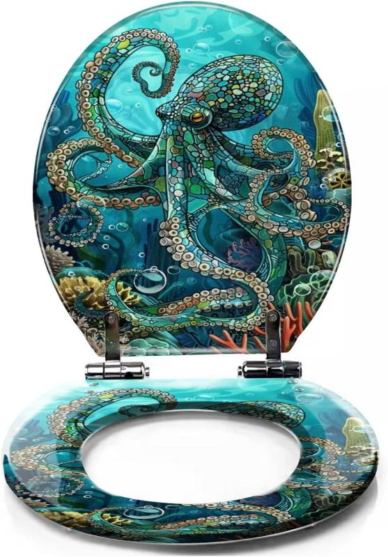 Photo 1 of **Minor Crack on Lid**Colored Toilet Seat with Slow Close, Teal Blue Ocean Octopus Coral Reefs Resin Toilet Seats, Easy to Install, Easy to Clean Heavy Duty Deluxe Toilet Seat