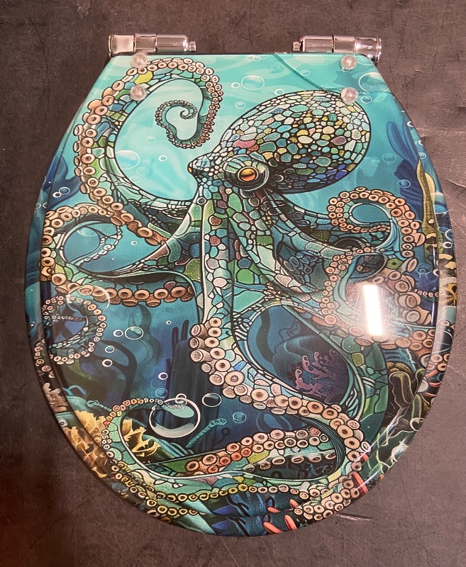 Photo 2 of **Minor Crack on Lid**Colored Toilet Seat with Slow Close, Teal Blue Ocean Octopus Coral Reefs Resin Toilet Seats, Easy to Install, Easy to Clean Heavy Duty Deluxe Toilet Seat