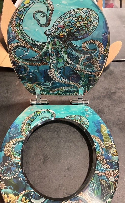 Photo 4 of **Minor Crack on Lid**Colored Toilet Seat with Slow Close, Teal Blue Ocean Octopus Coral Reefs Resin Toilet Seats, Easy to Install, Easy to Clean Heavy Duty Deluxe Toilet Seat