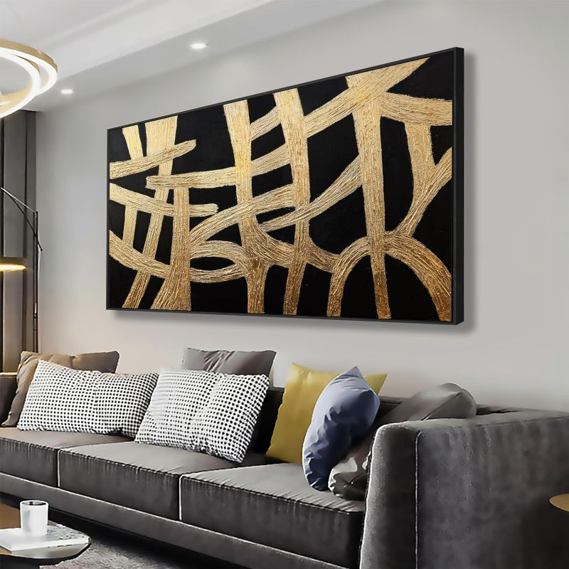 Photo 1 of Abstract Wall Art Small Size Black And Gold Lines Texture Artwork Framed Home Decoration Artwork Decor Modern Minimalist Canvas Painting Living Room Decor For Bedroom Office Wall Decor 20"X40"