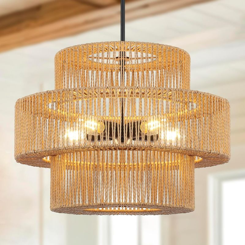 Photo 1 of 22" Boho Hand Woven Rattan Chandelier, 5-Lights Farmhouse Pendant Light for Kitchen Island, 3 Round Large Wicker Chandeliers for Dining Room Living Room Bedroom Hallway