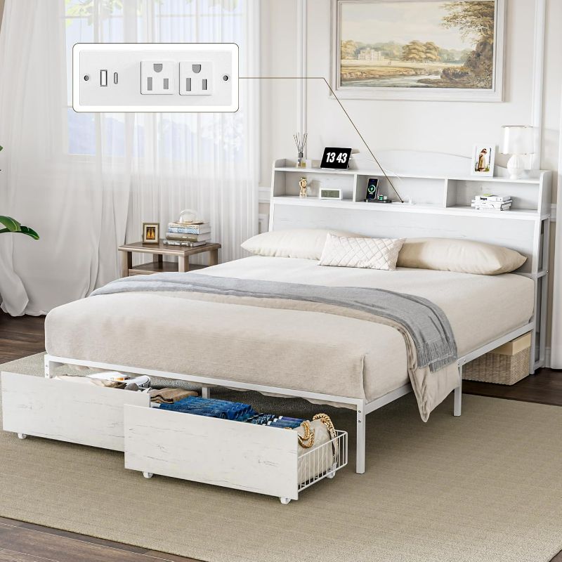 Photo 1 of Queen Bed Frame with Storage Headboard  Drawer, Platform Bed Frames with 3-in-1 Charging Station, Non-Slip Metal Bed Frame, Sturdy and Stable, No Noise, No Box Springs Needed - Good Night's Sleep