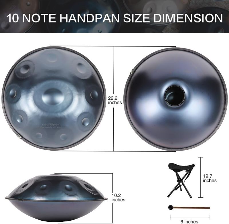 Photo 1 of Advanced Adult Handpan Drum, 22-Inch 10-Notes 440Hz D Minor Kurd Steel Handpan Drum, Hand Pan Drum Instrument with Soft Bag, 2 Handpan Mallets, Handpan Stand and Dust-Free Cloth (Blue)