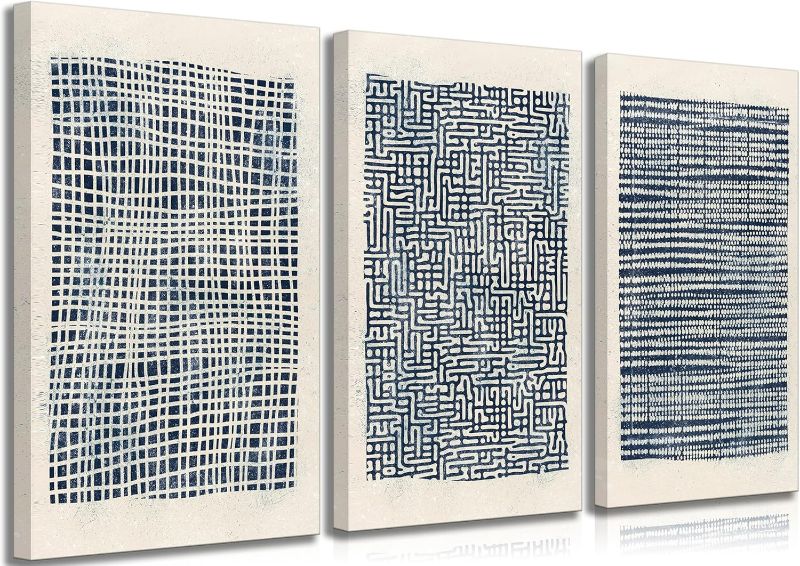 Photo 1 of ***24" X 16"*** 3 Pieces Neutral Abstract Boho Lines Canvas Wall Art Mid Century Modern Navy Blue Geometric Pictures Wall Decor Posters Print Artwork for Living Room Bedroom Office Home Decoration