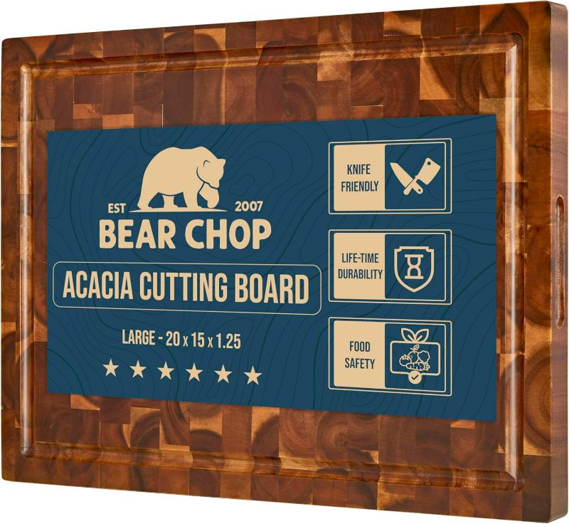 Photo 1 of Bearchop Acacia Wood Cutting Boards for Kitchen, [20"x15"x1.25"] Large End Grain Cutting Boards, Solid Wood Butcher Block Cutting Board with Juice Grooves and Handle, Knife Friendly, Reversible