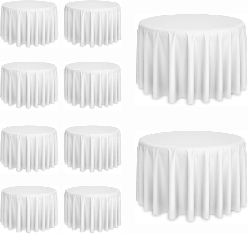 Photo 1 of 10 Pack White Round Tablecloths, 120 Inch Stain Resistant and Wrinkle Round Table Clothes, Washable Polyester Table Clothes Cover for Kitchen Dining, Wedding Birthday Party, Buffet Restaurant, Banquet