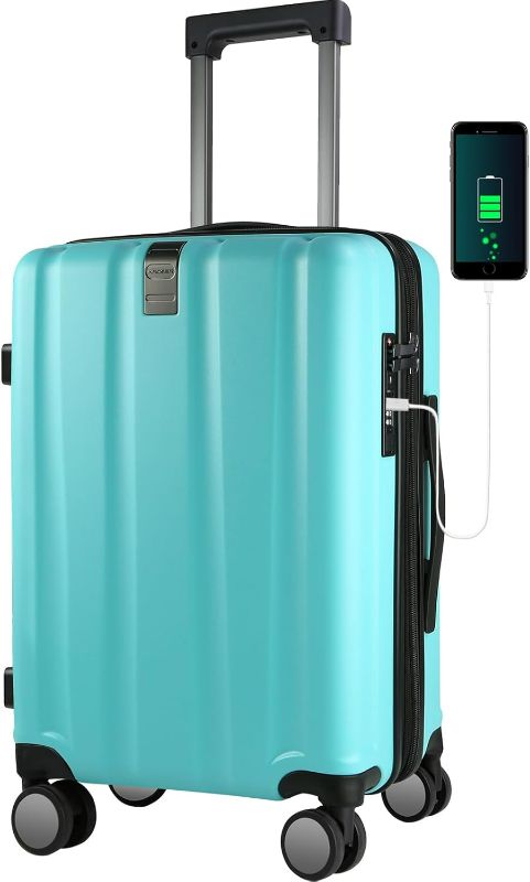 Photo 1 of KROSER Hardside Expandable Carry On Luggage with Spinner Wheels & Built-in TSA Lock, Durable Suitcase Rolling Luggage with USB Port, Carry-On 20-Inch, Lake Blue