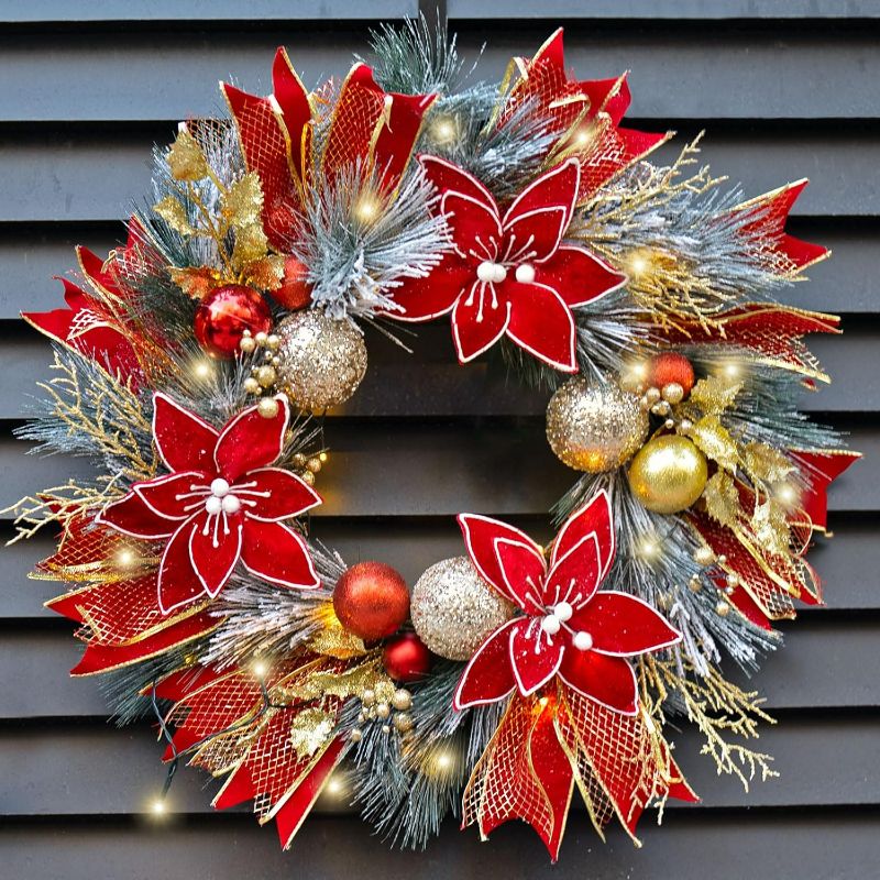 Photo 1 of Christmas Wreaths for Front Door with Lights, Soomeir 24 Inch Outdoor Christmas Wreath with Ball Ornaments and Poinsettias, Large Prelit Wreath for Holiday Winter Outdoor Indoor Xmas