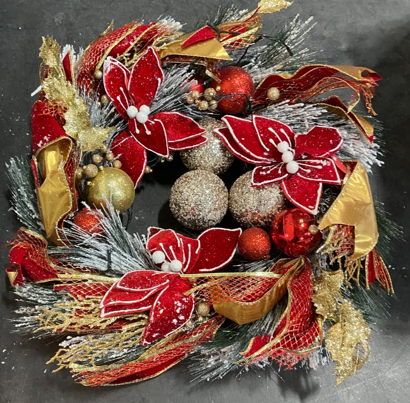 Photo 2 of Christmas Wreaths for Front Door with Lights, Soomeir 24 Inch Outdoor Christmas Wreath with Ball Ornaments and Poinsettias, Large Prelit Wreath for Holiday Winter Outdoor Indoor Xmas