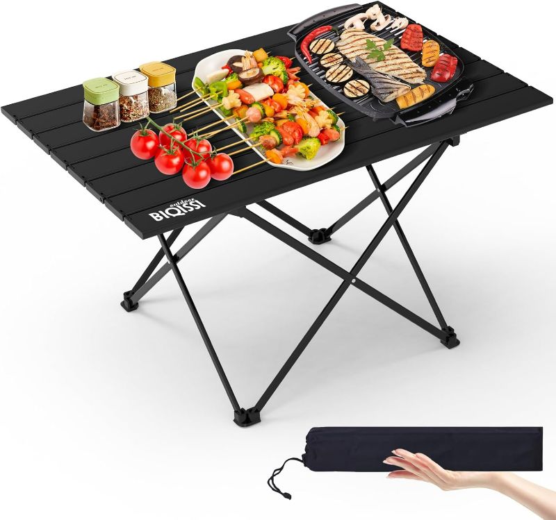 Photo 1 of Portable Camping Table, Compact Camping Side Table with Carrying Bag, Ultralight Aluminum Beach Table Folding for Hiking, Camping, Picnicking, BBQ, Outdoor Cooking (Black Large 27")