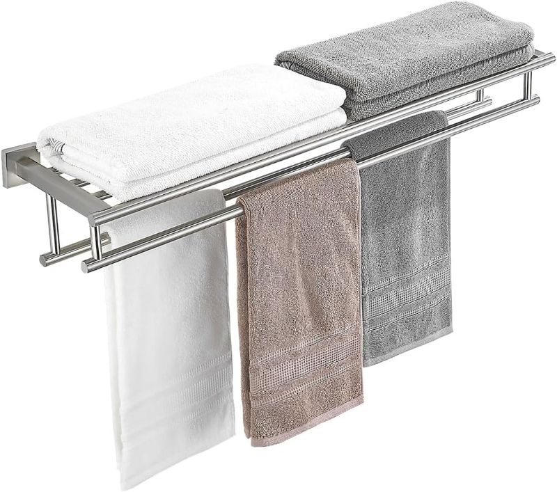 Photo 1 of Towel Rack with Shelf 32 Inch Double Towel Racks for Bathroom Chrome Bath Towel Holder SUS304 Stainless Steel Towel Rack Wall Mounted Modern Towel Hanger