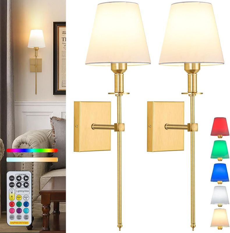 Photo 1 of Wall Lights Battery Operated Wall Sconces Set Of 2,Gold Rechargeable Wall Light With Wireless Remote Dimmable,10 Colors Modes Cordless Battery Sconce Indoor Wall lamp for Bedroom Living Room Hallway