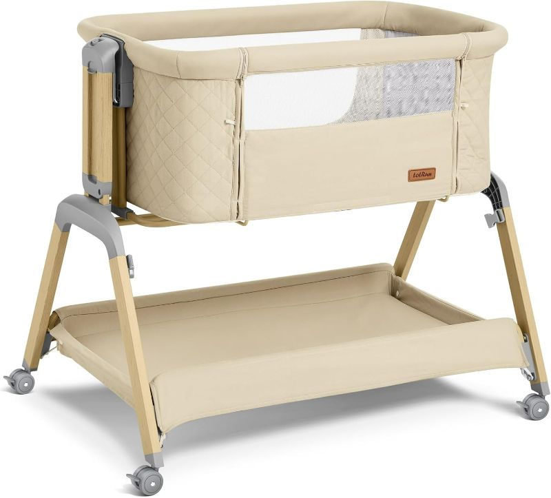 Photo 1 of 3 in 1 Baby Bassinet, Rocking Bassinet with Storage Basket and Comfy Mattress, 5 Height Adjustable Easy Folding Portable Bedside Crib for Infant (Beige)