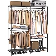 Photo 1 of Clothes Rack, Portable Closet, 54.3 Inch Large Capacity Wardrobe Closet, Clothes Storage Organizer with Shelves and 3 Hanging Rods, Easy to Assembly, Black PCT022B01