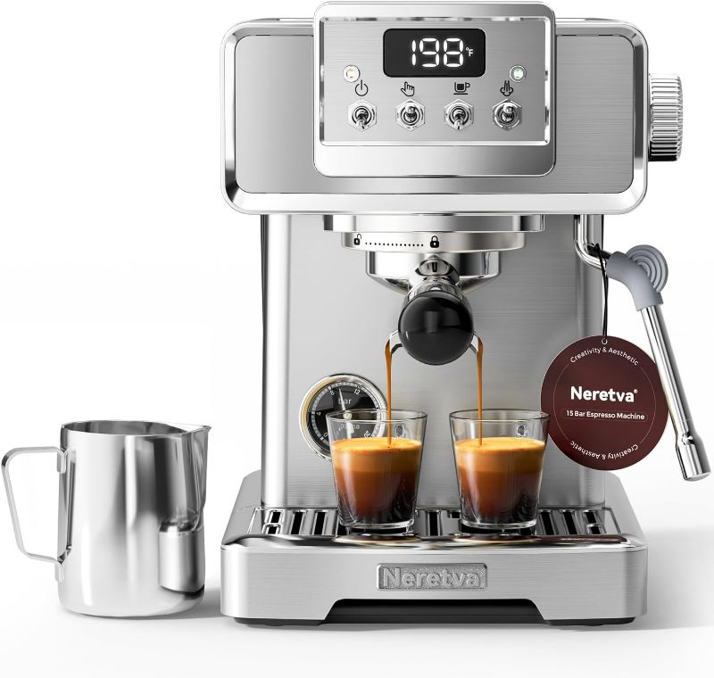 Photo 1 of Neretva Espresso Machine, Professional Stainless Steel Espresso Maker 15Bar Instant Heating Espresso Coffee machine with Pressure Gauge/Milk Frother for Home Barista, Latte Machine, Cappuccino Machine