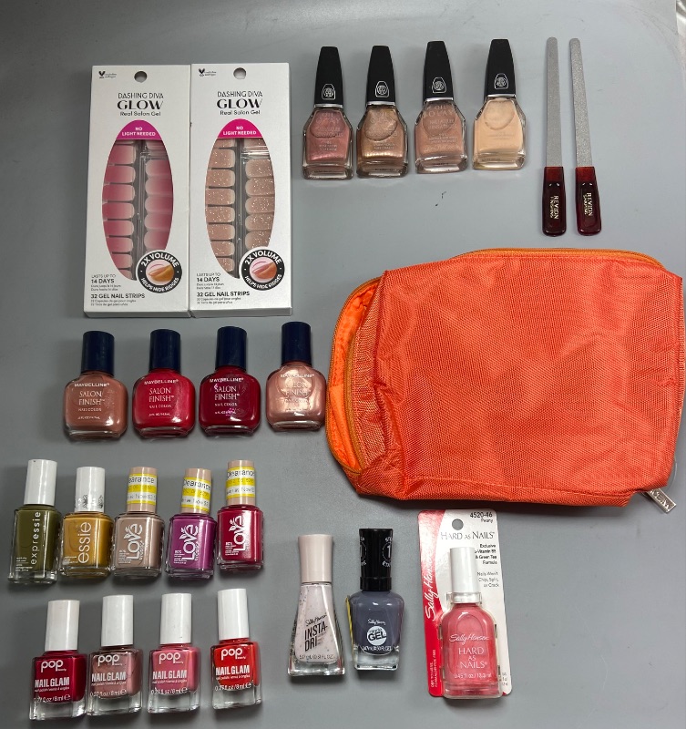 Photo 1 of 25pc Nail Items - 20 Nail Polishes - 2pk Nail Sticker Color - 2 Revlon Nail Files - 1 Carry Case New