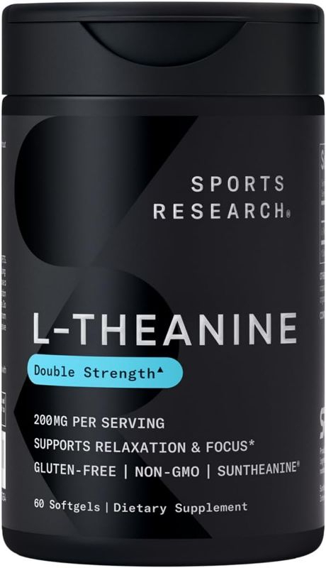 Photo 1 of Sports Research Double Strength L-Theanine Supplement - Suntheanine Softgels for Focus, Relaxation & Alertness - Non-Drowsy Support Made with Coconut Oil, Non-GMO & Gluten Free - 200mg, 60 Count