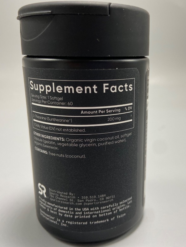 Photo 1 of Sports Research Double Strength L-Theanine Supplement - Suntheanine Softgels for Focus, Relaxation & Alertness - Non-Drowsy Support Made with Coconut Oil, Non-GMO & Gluten Free - 200mg, 60 Count