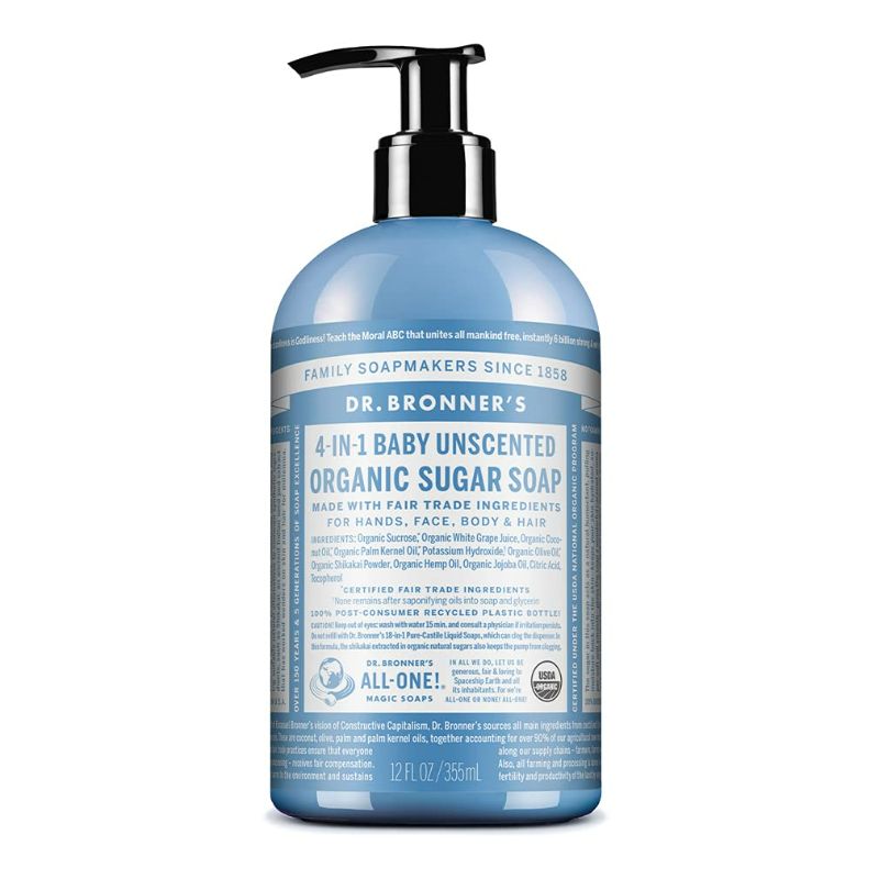 Photo 1 of Dr. Bronner’s - Organic Sugar Soap (Baby Unscented, 12 Ounce) - Made with Organic Oils, Sugar and Shikakai Powder, 4-in-1 Use: Hands, Body, Face and Hair, Moisturizes and Nourishes, No Added Fragrance