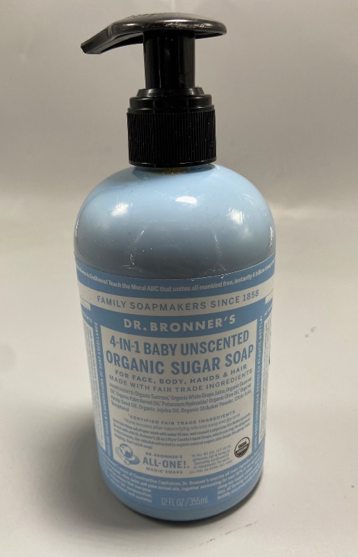 Photo 1 of Dr. Bronner’s - Organic Sugar Soap (Baby Unscented, 12 Ounce) - Made with Organic Oils, Sugar and Shikakai Powder, 4-in-1 Use: Hands, Body, Face and Hair, Moisturizes and Nourishes, No Added Fragrance