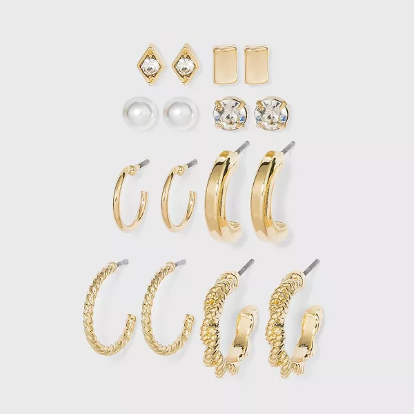 Photo 1 of Multi Gold Hoops and Cubic Zirconia Stud Earring Set 8pc - A New Day