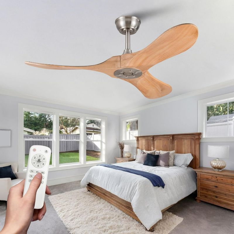 Photo 1 of 42 Inch Solid Wood Ceiling Fan with Remote,Outdoor Ceiling Fan no Light,6 Speeds,Noiseless,Reversible DC Motor,Modern Ceiling Fans without Lights for Bedroom Farmhouse Patios Study Brushed Nickel