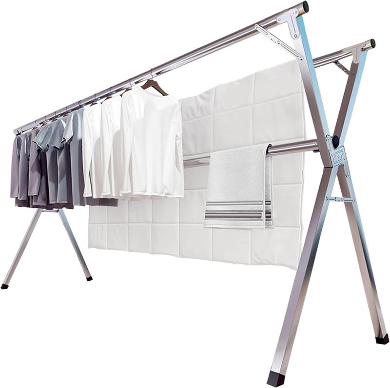 Photo 1 of JAUREE 79 Inches Clothes Drying Rack, Stainless Steel Garment Rack Adjustable and Foldable Space Saving Laundry Drying Rack for Indoor Outdoor with 20 Windproof Hooks