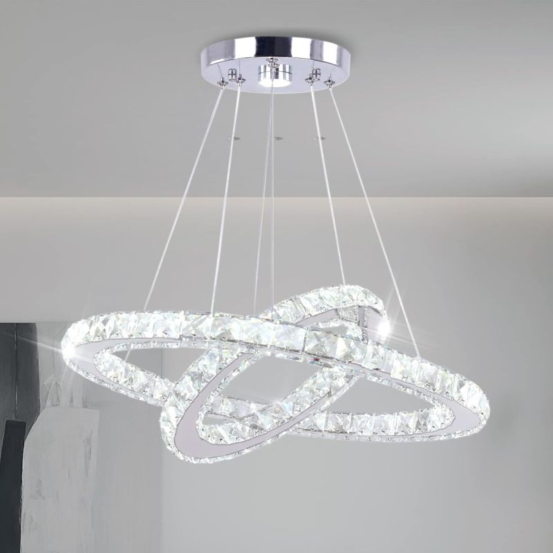 Photo 1 of LED Modern Crystal Chandelier 19.7 x 11.8 inches Ceiling Pendant Light 2 Rings Adjustable Stainless Steel Lighting Fixtures Dining Room Living Room (White)