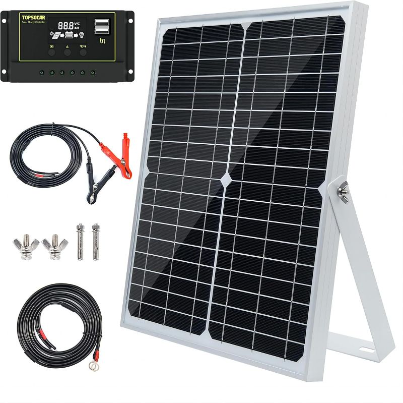 Photo 1 of **Missing Charge Controller**Topsolar 30W 12V/24V Solar Panel Kit, Monocrystalline Solar Battery Trickle Charger Maintainer +10A PWM Charge Controller + Adjustable Mount Bracket for Car, RV, Boat, Motorcycle, Off-Grid System