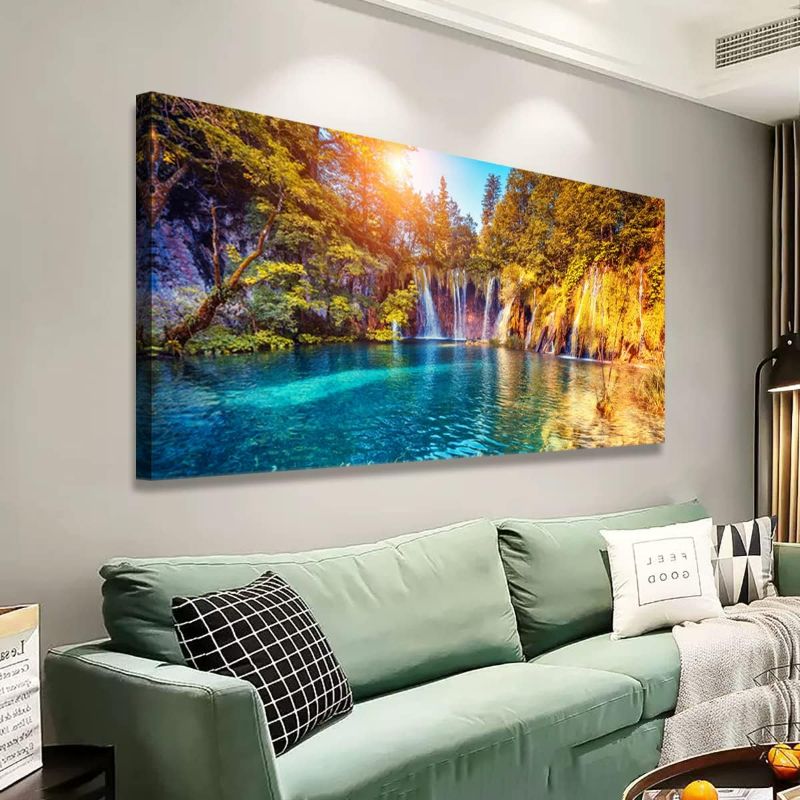 Photo 1 of Lake Waterfall Natural Picture Wall Art Landscape Canvas Prints Painting Home Decor Tree Picture for Living Room Bedroom Kitchen Office Decoration 20x40 Wooden Frames Artwork Ready to Hanging