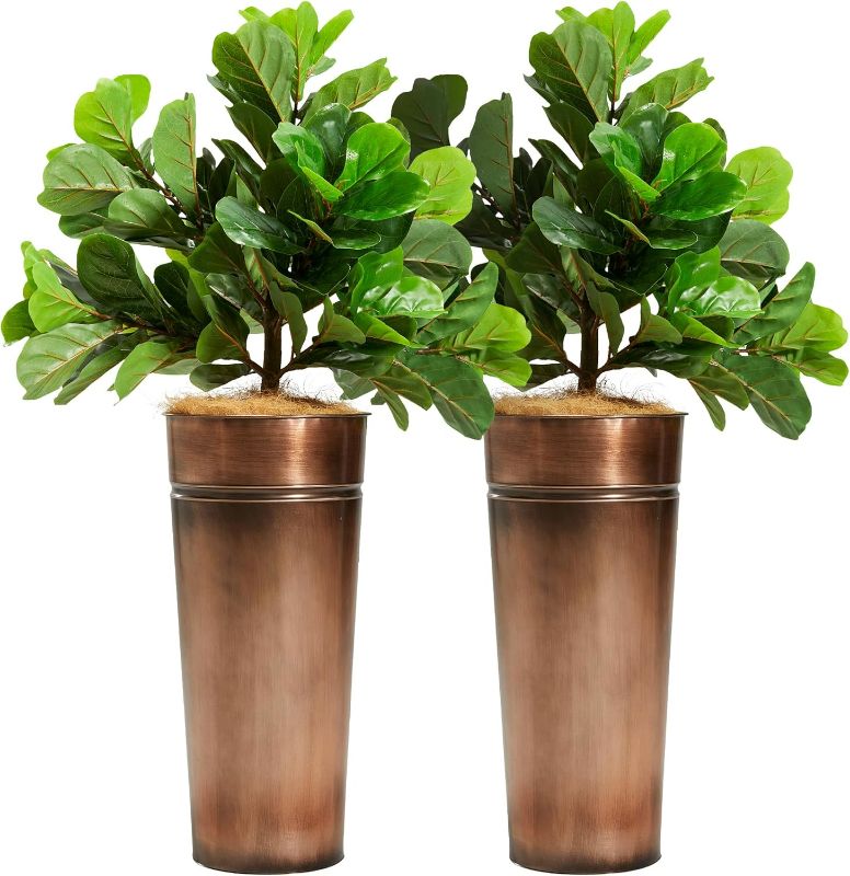 Photo 1 of KOL 4.2FT 2-Pack Artificial Fiddle Leaf Fig Tree with Galvanized Steel Bronze Planter, Realistic Fake Faux Silk Plant & Superbly Crafted Flower Pot, Home Office Living Room Decor Indoor Outdoor