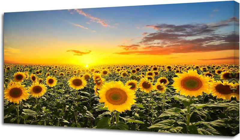 Photo 1 of ZhongxingWL-001A50 Wall Art Canvas Painting Beautiful sunset over sunflower field 1 Piece yellow sunflower canvas Picture Poster Print Framed Ready to Hang for Living Room Bedroom Office