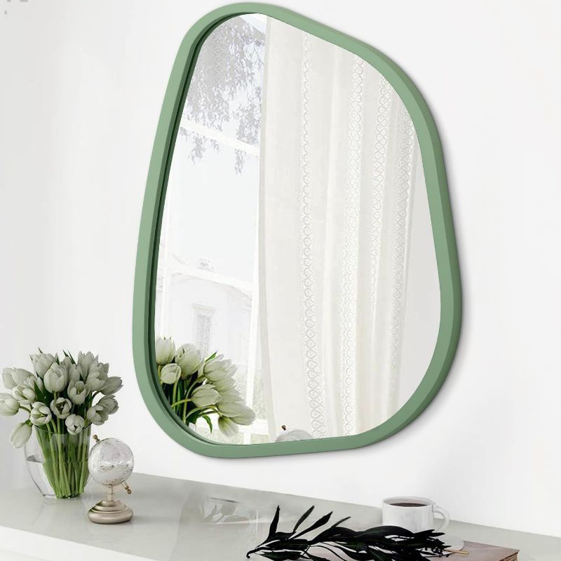 Photo 1 of Asymmetrical Mirror for Wall Irregular Accent Wood Frame Modern Unique Wall Mirror Decorative Vanity Bathroom Living Room Bedroom Entryway Hallway Artistic Wavy Mirror Large 26"x18"