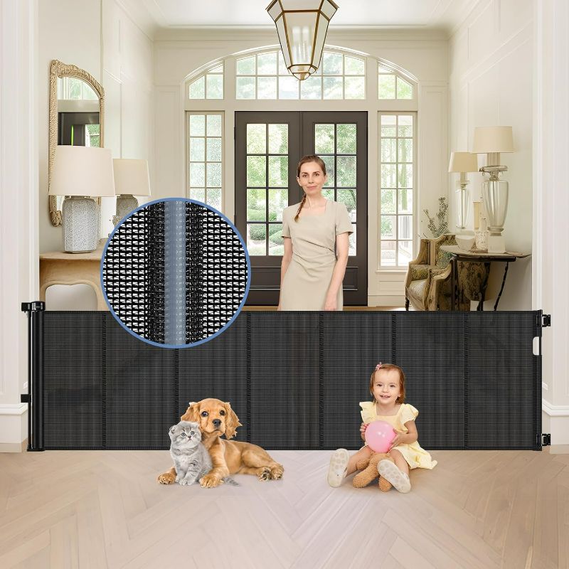 Photo 1 of Reinforced 90 Inch Retractable Baby Gates Extra Wide Baby Gate with Reinforced Strips Retractable Dog Gate for The House Extra Wide Outdoor Retractable Gate Extra Long Baby Gate for Large Openings